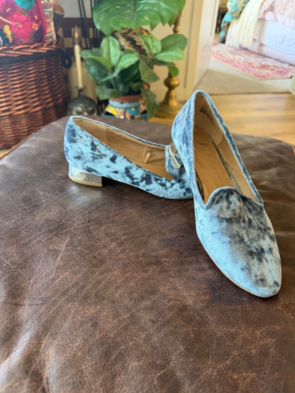 Report Blue Crushed Velvet Loafers Silver Block Heels 7.5